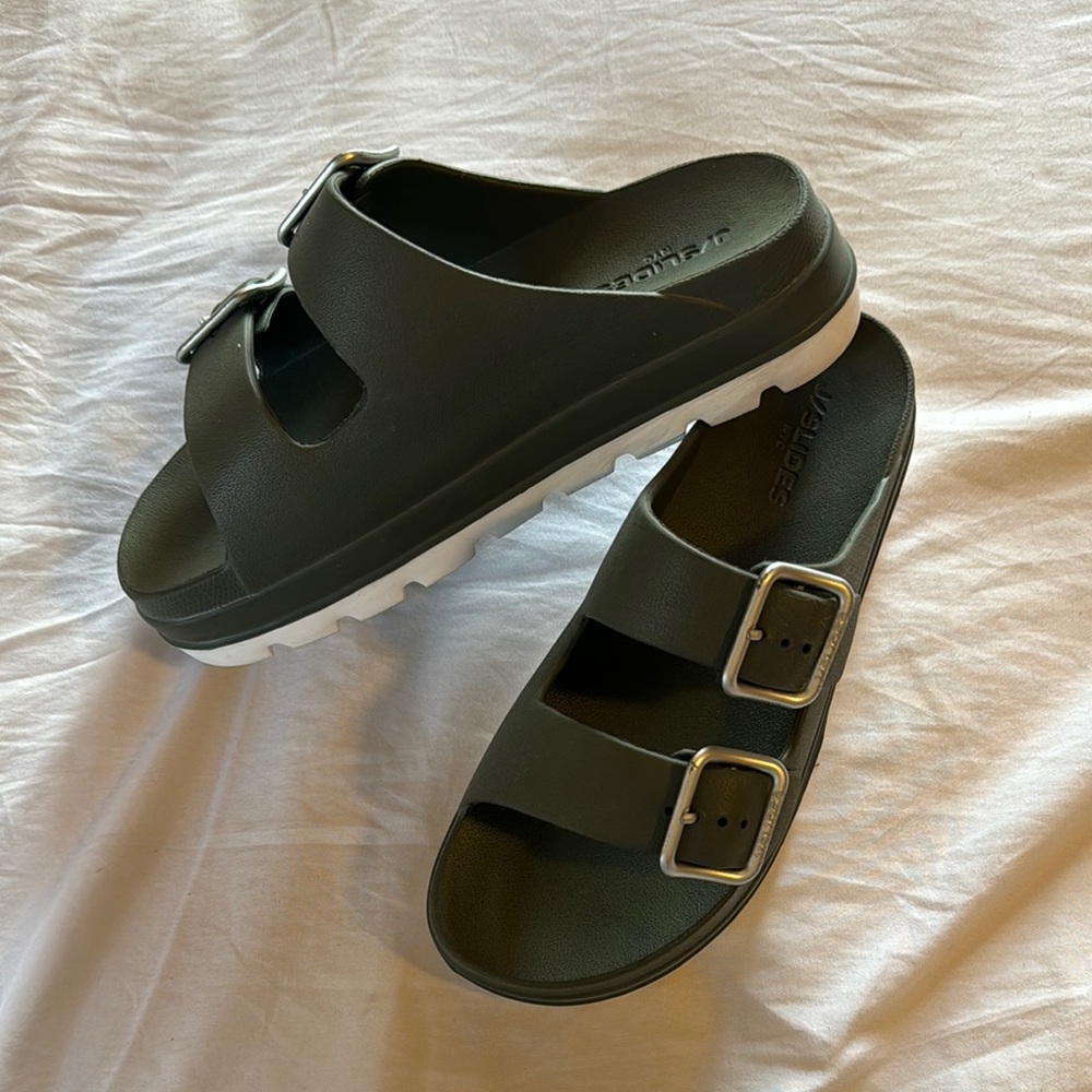 Black Slide Sandals with White Soles